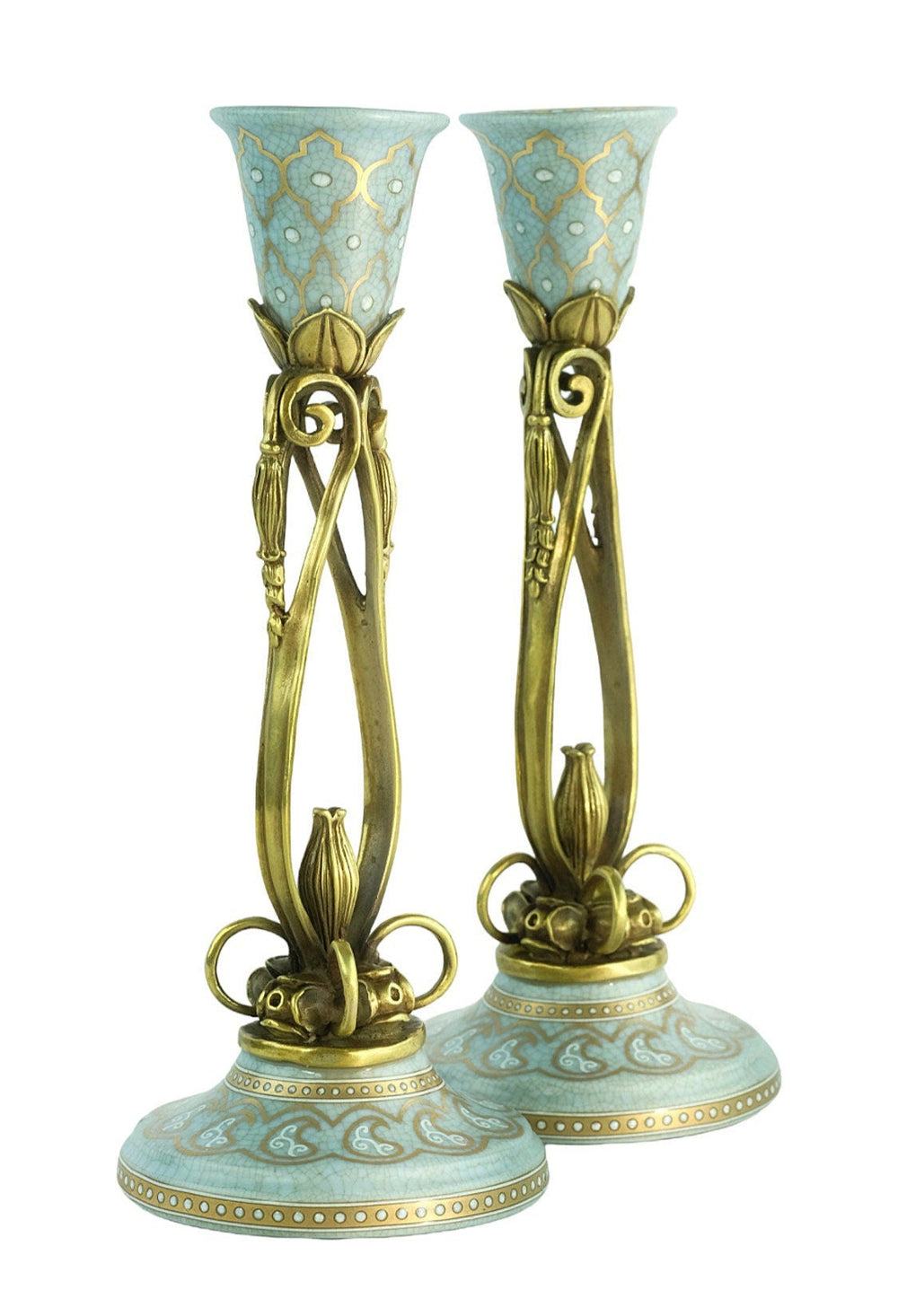 Pair of Bronze Mounted Porcelain Candle Holders in Jugendstil Style with Flower Motifs Art Nouveau Decoration Candlestick Holders Candle Art
