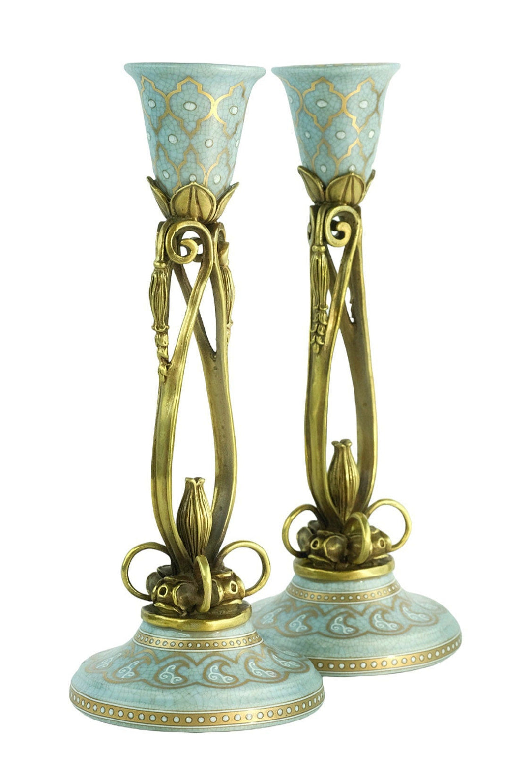 Pair of Bronze Mounted Porcelain Candle Holders in Jugendstil Style with Flower Motifs Art Nouveau Decoration Candlestick Holders Candle Art