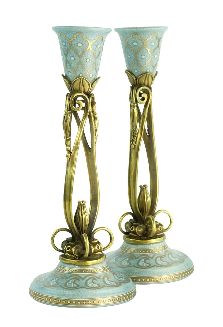 Pair of Bronze Mounted Porcelain Candle Holders in Jugendstil Style with Flower Motifs Art Nouveau Decoration Candlestick Holders Candle Art