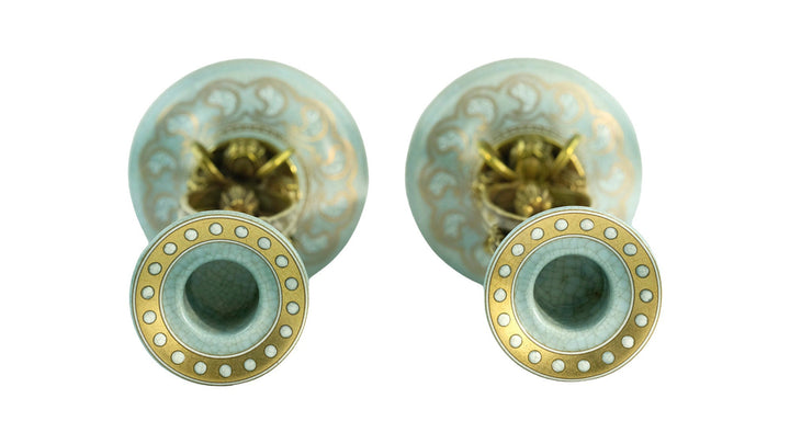 Pair of Bronze Mounted Porcelain Candle Holders in Jugendstil Style with Flower Motifs Art Nouveau Decoration Candlestick Holders Candle Art