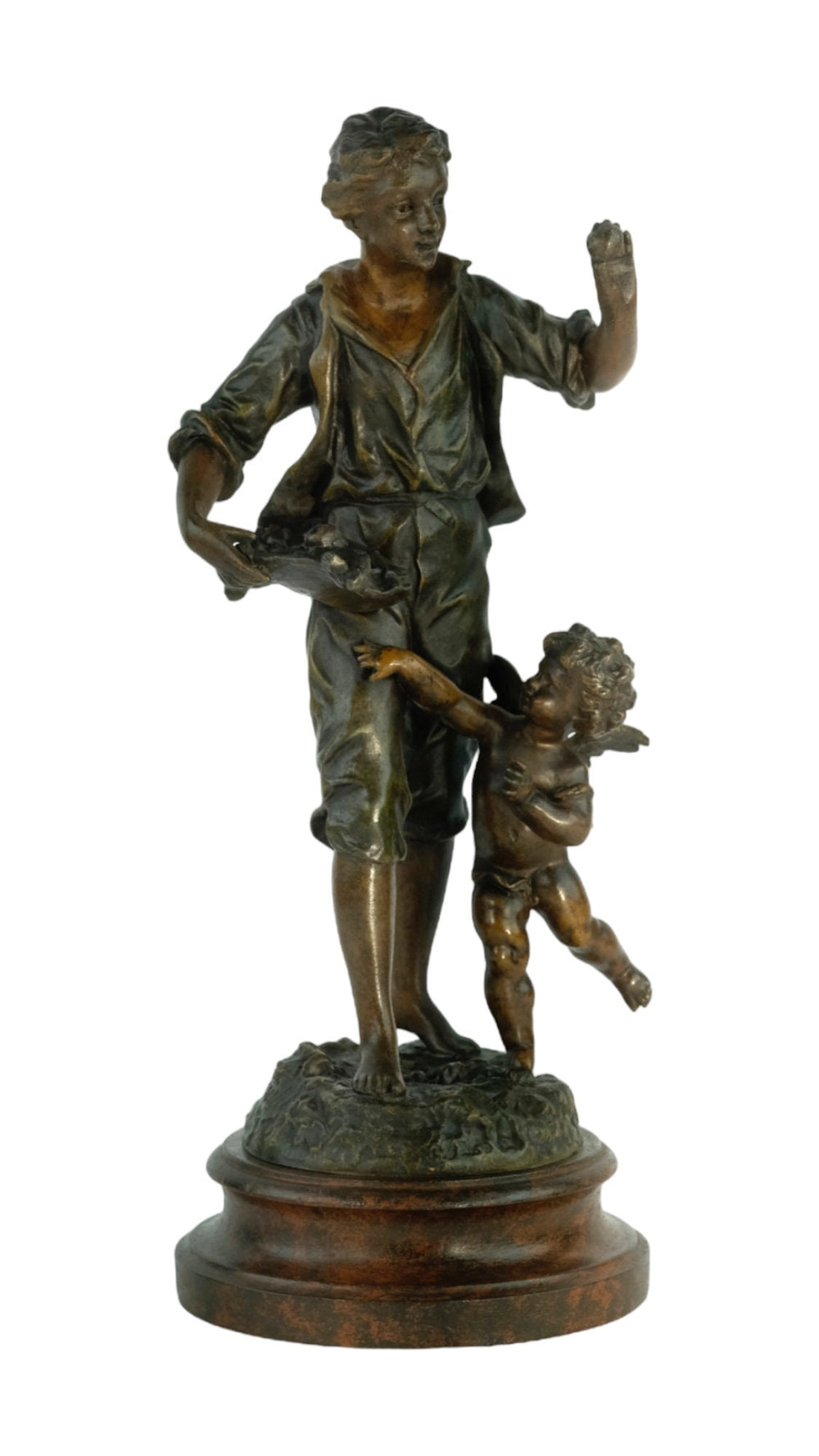 Antique Spelter Sculpture of a Young Male with Fruit and a Cherub by Ernest Rancoulet French Antique Statue Male with Putto Antique Art