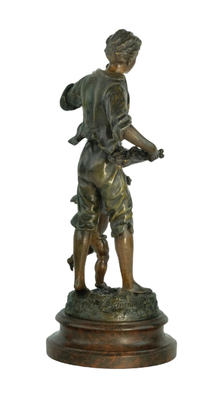 Antique Spelter Sculpture of a Young Male with Fruit and a Cherub by Ernest Rancoulet French Antique Statue Male with Putto Antique Art