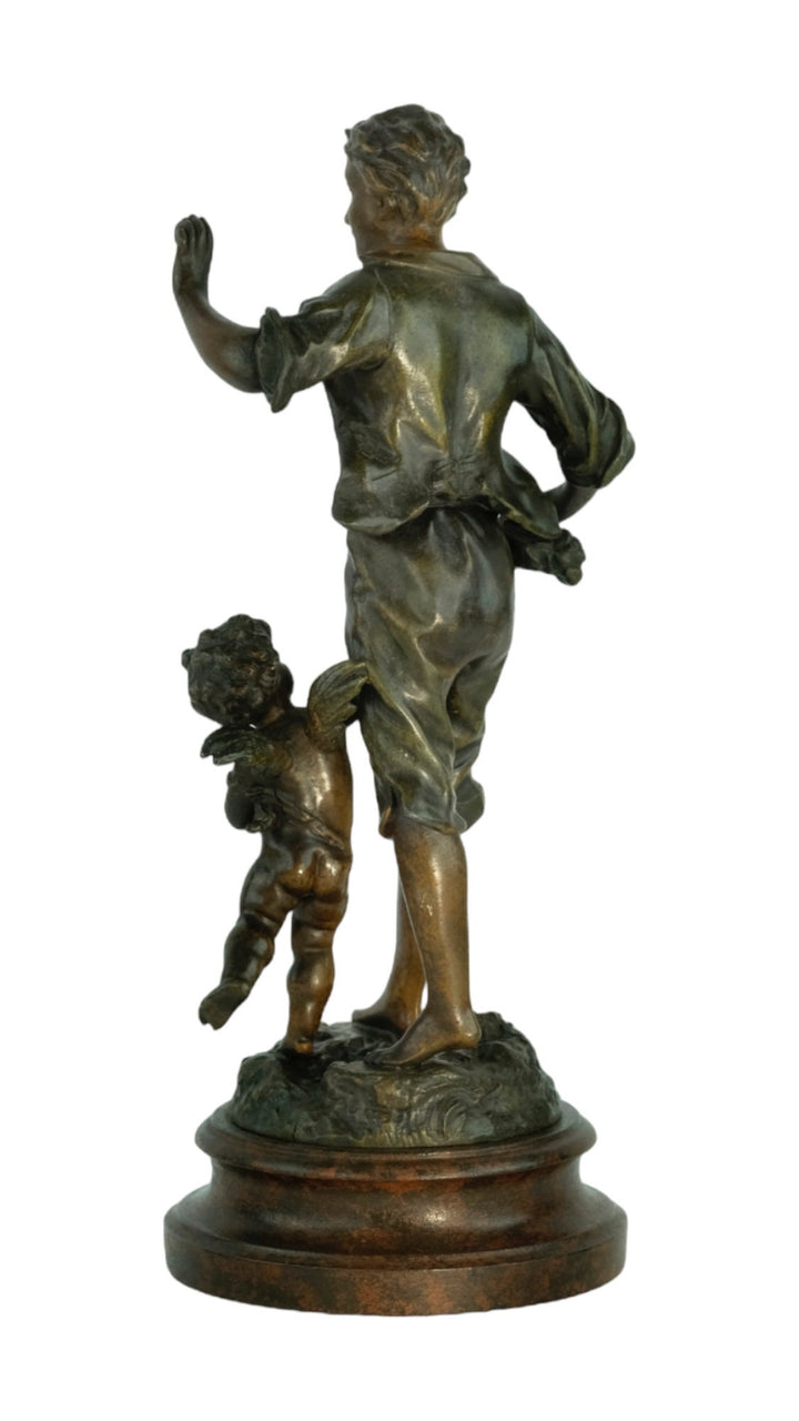 Antique Spelter Sculpture of a Young Male with Fruit and a Cherub by Ernest Rancoulet French Antique Statue Male with Putto Antique Art