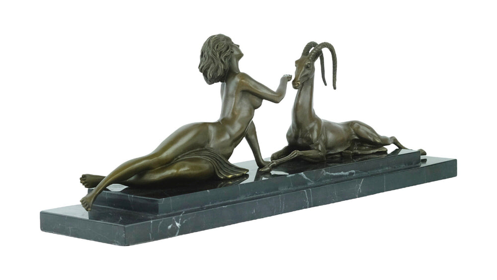 Large Bronze Sculpture of a Female with Antelope in Art Deco Style Bronze Art Statue Hunting Decoration Art Deco Statue Bronze Female Statue