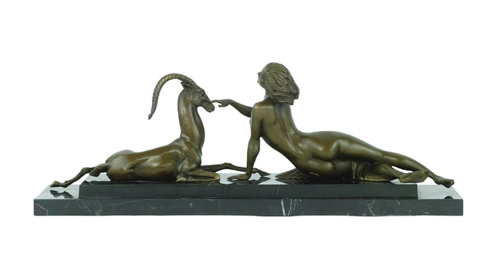 Large Bronze Sculpture of a Female with Antelope in Art Deco Style Bronze Art Statue Hunting Decoration Art Deco Statue Bronze Female Statue