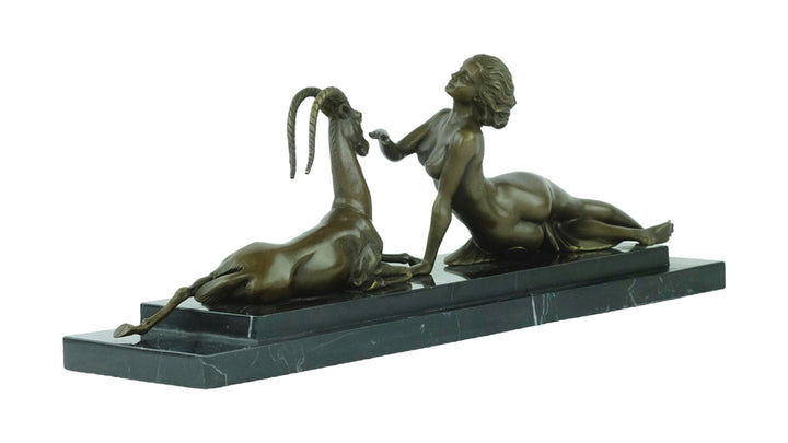 Large Bronze Sculpture of a Female with Antelope in Art Deco Style Bronze Art Statue Hunting Decoration Art Deco Statue Bronze Female Statue