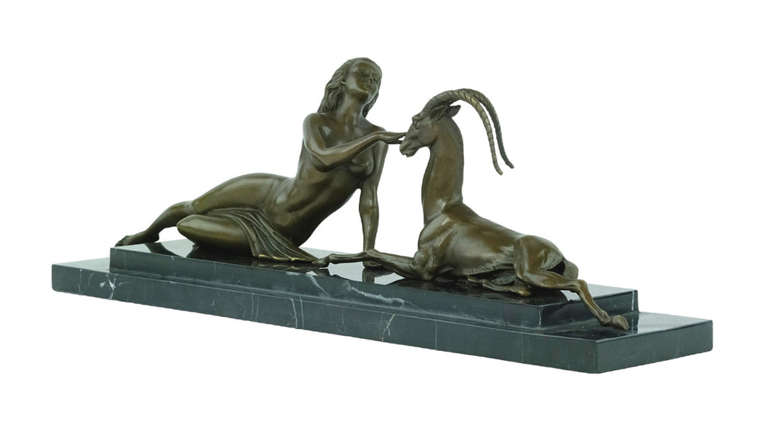Large Bronze Sculpture of a Female with Antelope in Art Deco Style Bronze Art Statue Hunting Decoration Art Deco Statue Bronze Female Statue