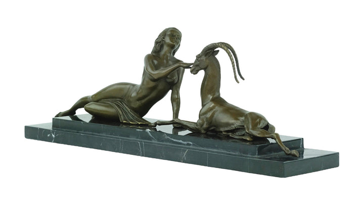 Large Bronze Sculpture of a Female with Antelope in Art Deco Style Bronze Art Statue Hunting Decoration Art Deco Statue Bronze Female Statue