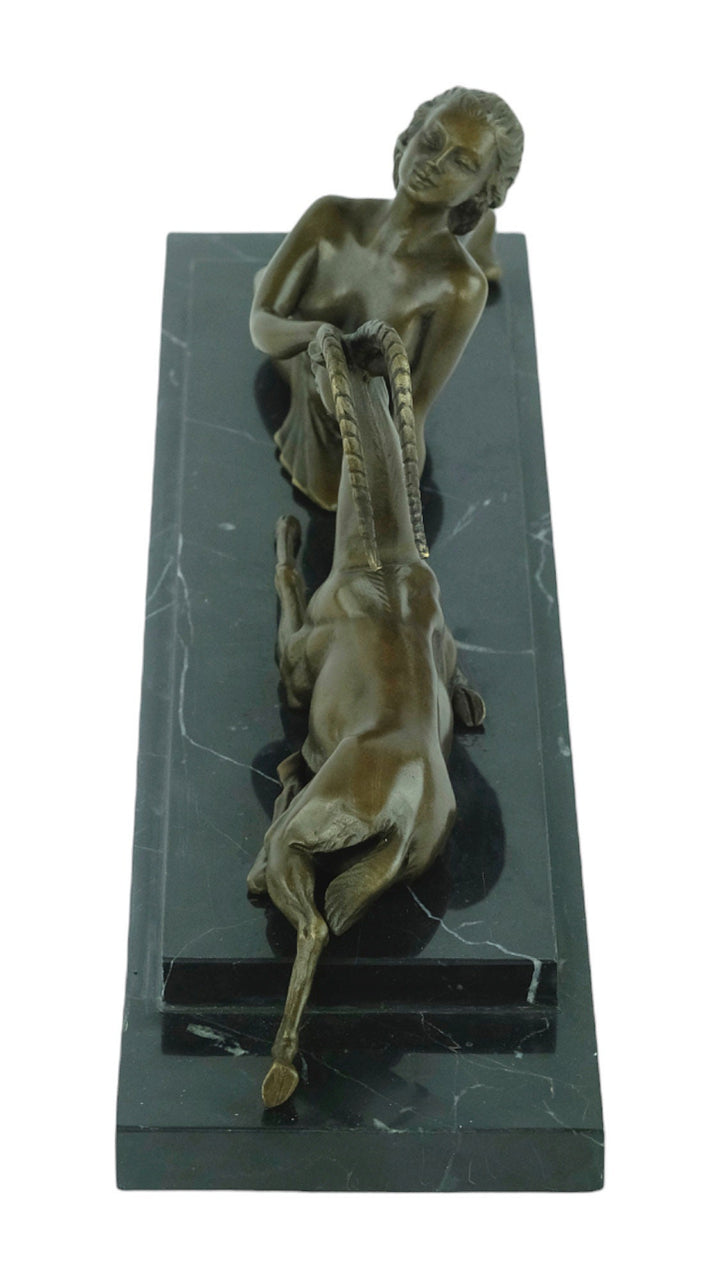 Large Bronze Sculpture of a Female with Antelope in Art Deco Style Bronze Art Statue Hunting Decoration Art Deco Statue Bronze Female Statue