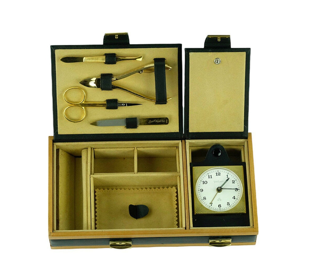 Solingen Travel Case with Travel Clock and Manicure Set Plus Jewellery Box Vintage Travel Case Solingen Germany Female Beauty Case Luxurious