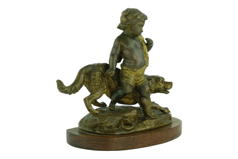 Antique Spelter Sculpture of a Boy with a Hunting Hound French Antiques Hunting Decoration Antique Statue Boy with Hunting Dog Sculpture