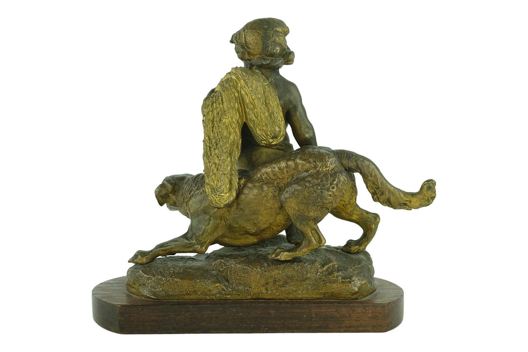 Antique Spelter Sculpture of a Boy with a Hunting Hound French Antiques Hunting Decoration Antique Statue Boy with Hunting Dog Sculpture