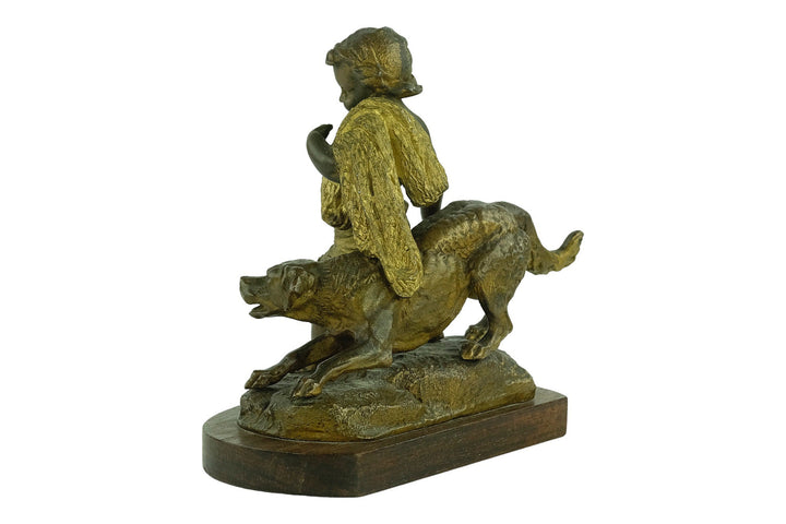 Antique Spelter Sculpture of a Boy with a Hunting Hound French Antiques Hunting Decoration Antique Statue Boy with Hunting Dog Sculpture