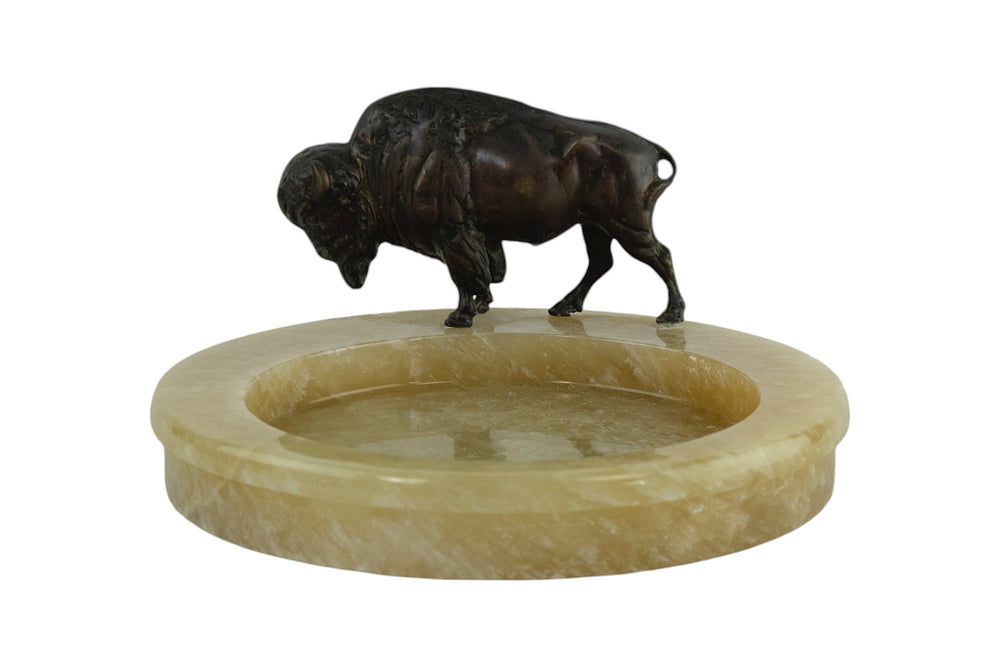 Onyx Tray with Bronze Sculpture of a Bison Animal Art Decoration Hunting Decoration Wildlife Sculpture Vide Poche Unique Ashtray Bison Decor