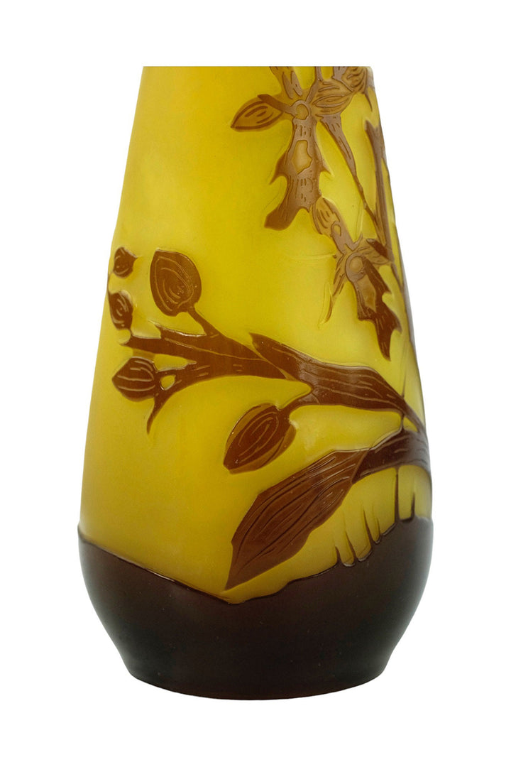Original Cameo Glass Vase by Emile Galle with Floral Decor Art Nouveau Vase French Antiques Art Nouveau Decoration Glass Gallé Vase For Sale