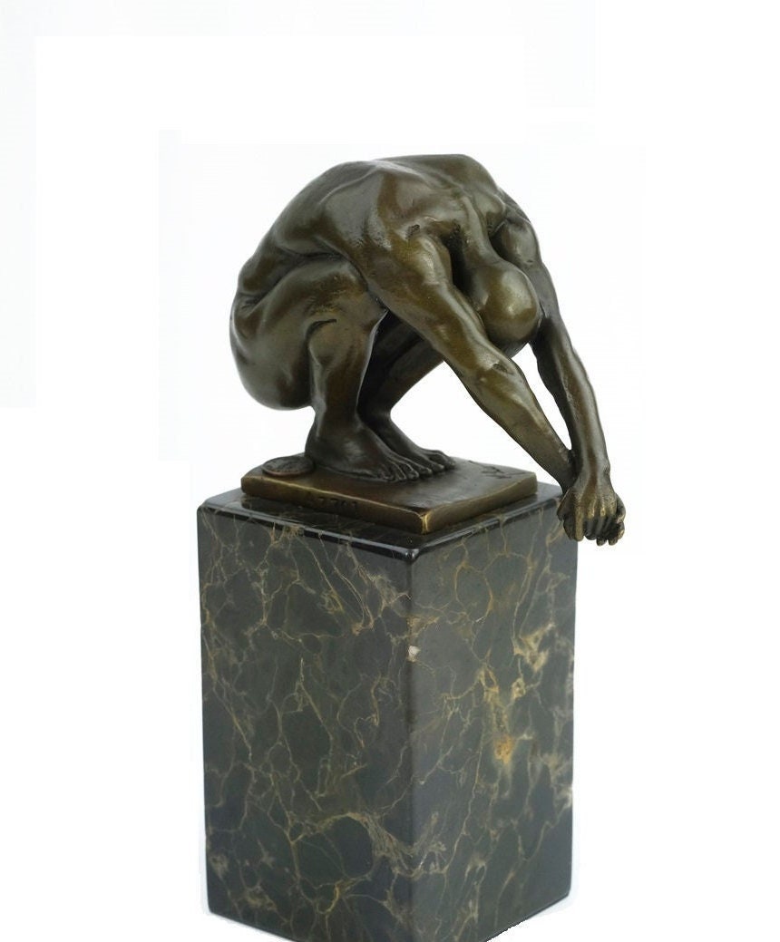 Bronze Sculpture of a Male in Squatting Position Modern Art Statue Male Nude Sculpture Bronze Diver Sculpture Meditation Man Yoga Sculpture