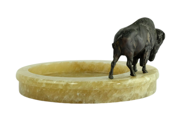 Onyx Tray with Bronze Sculpture of a Bison Animal Art Decoration Hunting Decoration Wildlife Sculpture Vide Poche Unique Ashtray Bison Decor