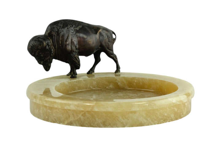 Onyx Tray with Bronze Sculpture of a Bison Animal Art Decoration Hunting Decoration Wildlife Sculpture Vide Poche Unique Ashtray Bison Decor