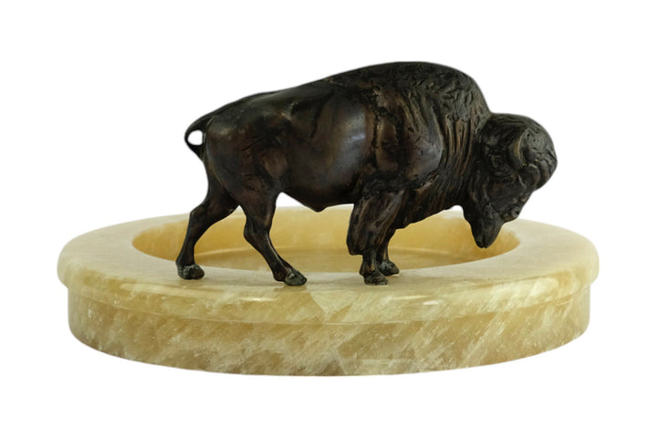 Onyx Tray with Bronze Sculpture of a Bison Animal Art Decoration Hunting Decoration Wildlife Sculpture Vide Poche Unique Ashtray Bison Decor