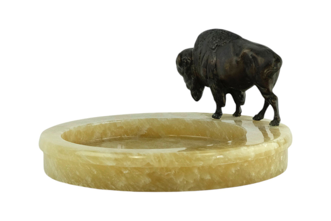 Onyx Tray with Bronze Sculpture of a Bison Animal Art Decoration Hunting Decoration Wildlife Sculpture Vide Poche Unique Ashtray Bison Decor