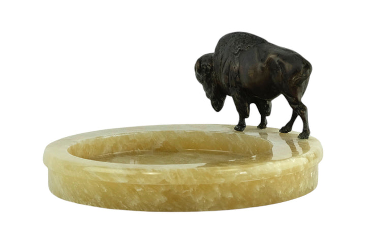 Onyx Tray with Bronze Sculpture of a Bison Animal Art Decoration Hunting Decoration Wildlife Sculpture Vide Poche Unique Ashtray Bison Decor