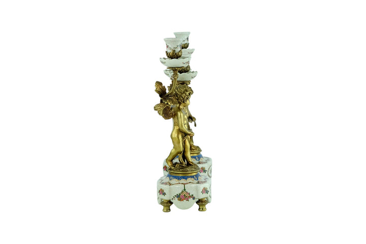 Pair of Candleholders in Porcelain and Bronze with Floral Decoration and Putti in Art Nouveau Style Cherub Candelabras Unique Candleholder