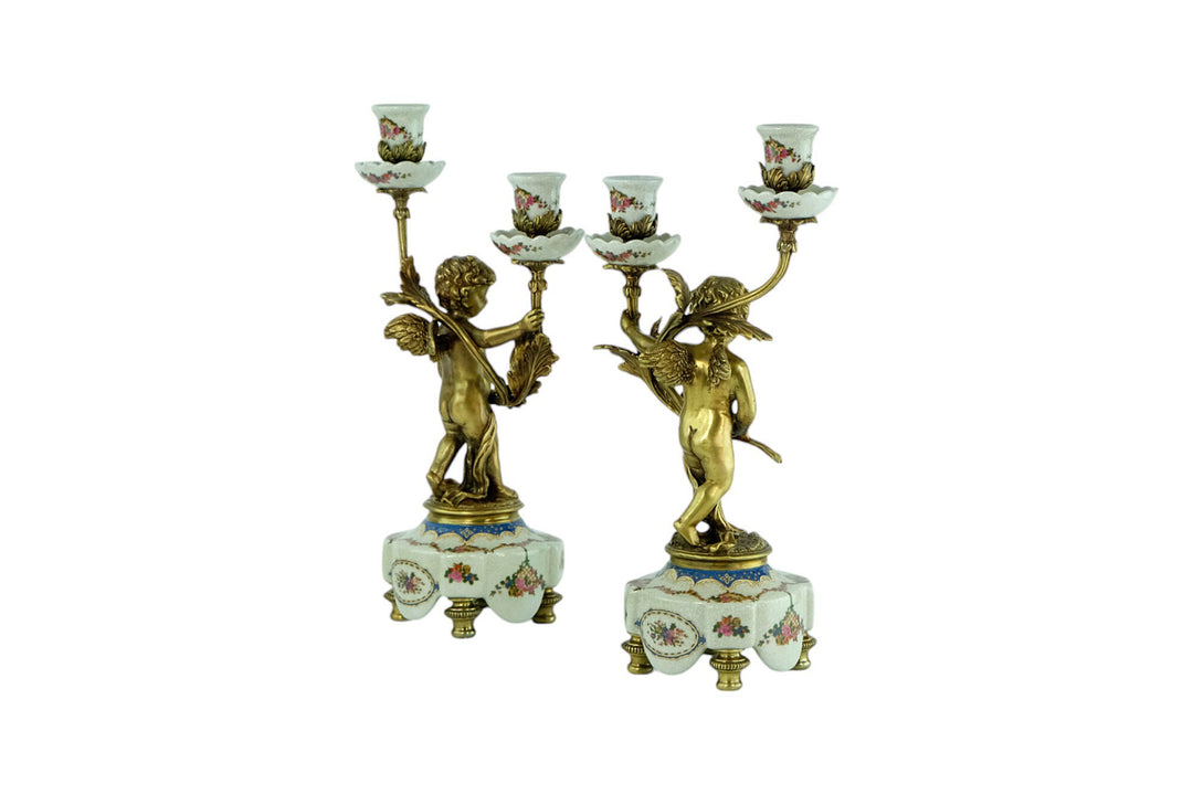 Pair of Candleholders in Porcelain and Bronze with Floral Decoration and Putti in Art Nouveau Style Cherub Candelabras Unique Candleholder