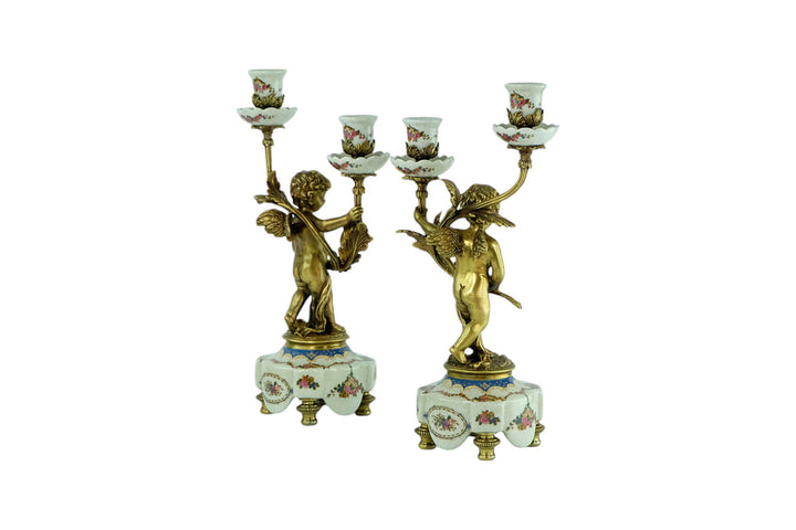 Pair of Candleholders in Porcelain and Bronze with Floral Decoration and Putti in Art Nouveau Style Cherub Candelabras Unique Candleholder
