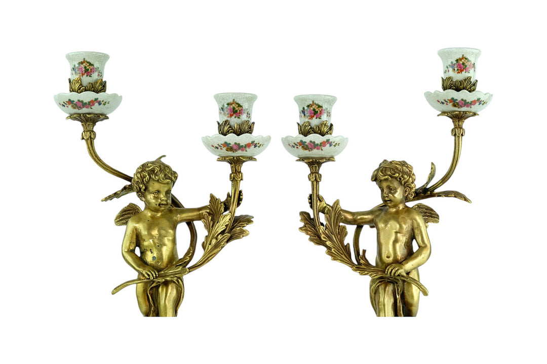 Pair of Candleholders in Porcelain and Bronze with Floral Decoration and Putti in Art Nouveau Style Cherub Candelabras Unique Candleholder