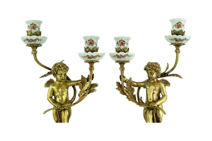 Pair of Candleholders in Porcelain and Bronze with Floral Decoration and Putti in Art Nouveau Style Cherub Candelabras Unique Candleholder