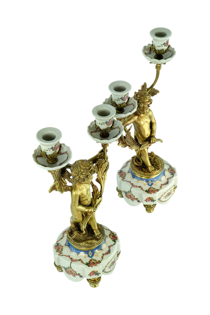 Pair of Candleholders in Porcelain and Bronze with Floral Decoration and Putti in Art Nouveau Style Cherub Candelabras Unique Candleholder