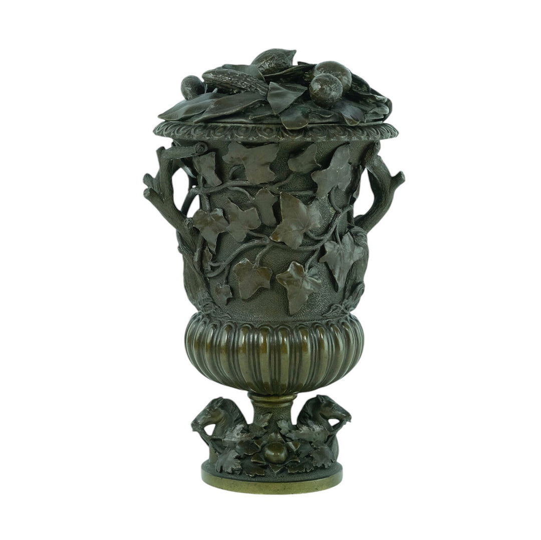 An Antique Bronze Vase with Floral Decoration and Horse Heads 19th Century Bronze Vase Antique French Vase Barbedienne Style Vase