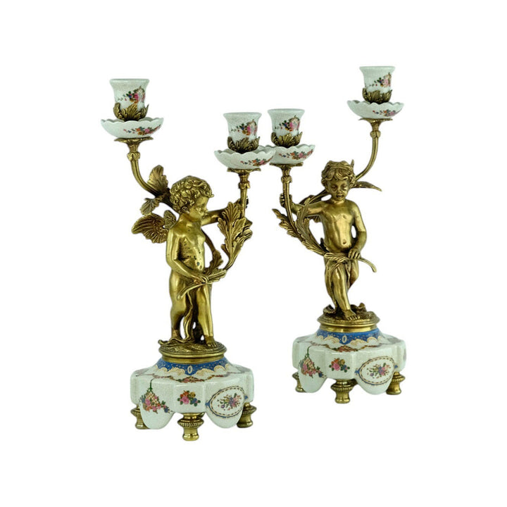 Pair of Candleholders in Porcelain and Bronze with Floral Decoration and Putti in Art Nouveau Style Cherub Candelabras Unique Candleholder
