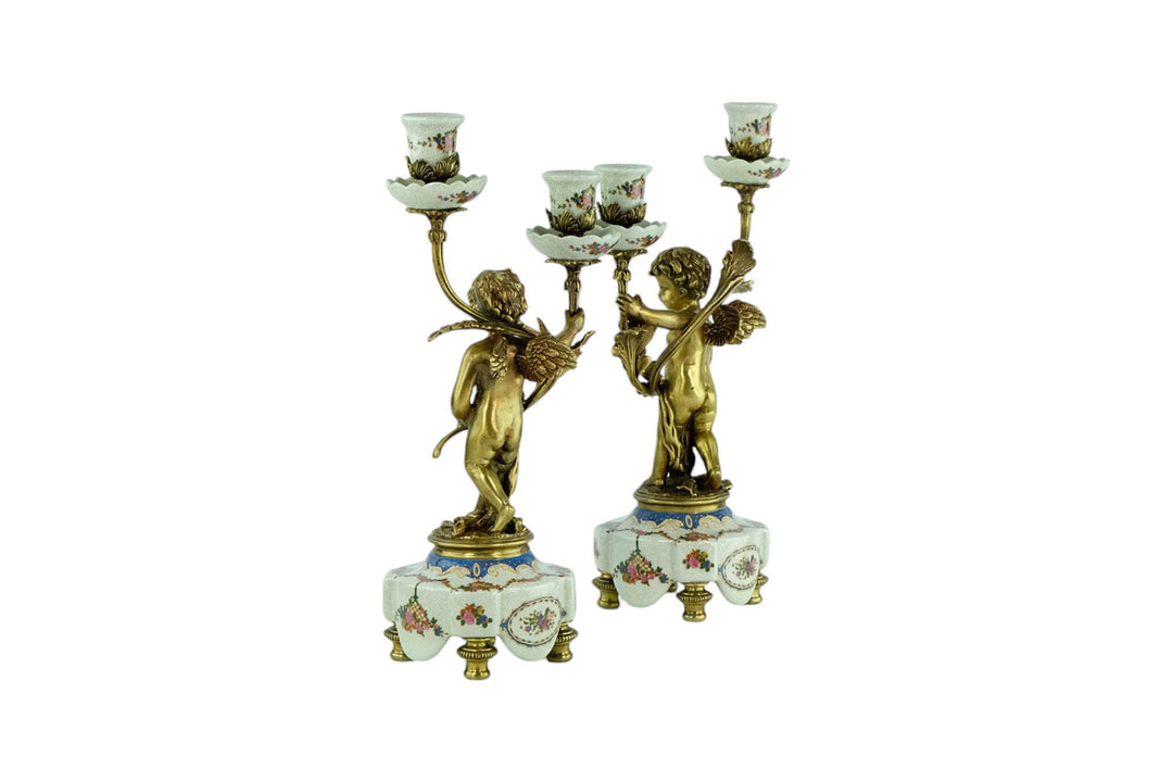 Pair of Candleholders in Porcelain and Bronze with Floral Decoration and Putti in Art Nouveau Style Cherub Candelabras Unique Candleholder