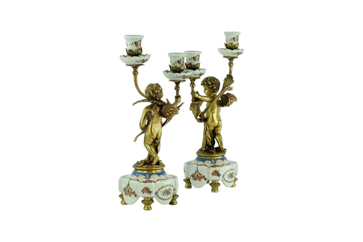 Pair of Candleholders in Porcelain and Bronze with Floral Decoration and Putti in Art Nouveau Style Cherub Candelabras Unique Candleholder