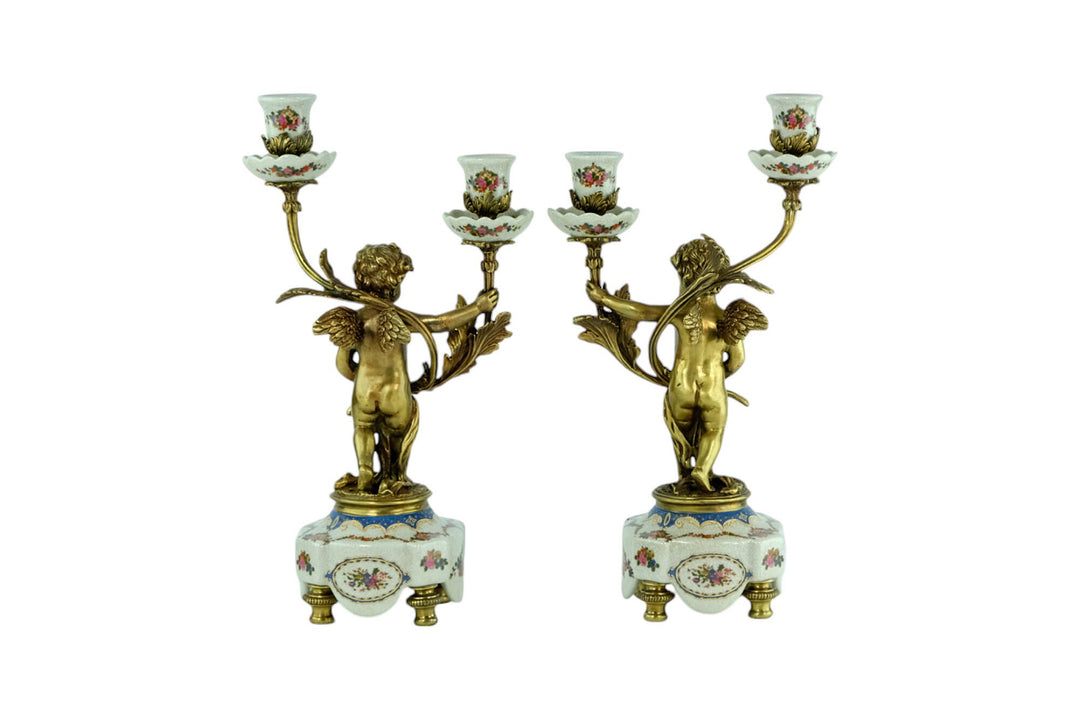 Pair of Candleholders in Porcelain and Bronze with Floral Decoration and Putti in Art Nouveau Style Cherub Candelabras Unique Candleholder