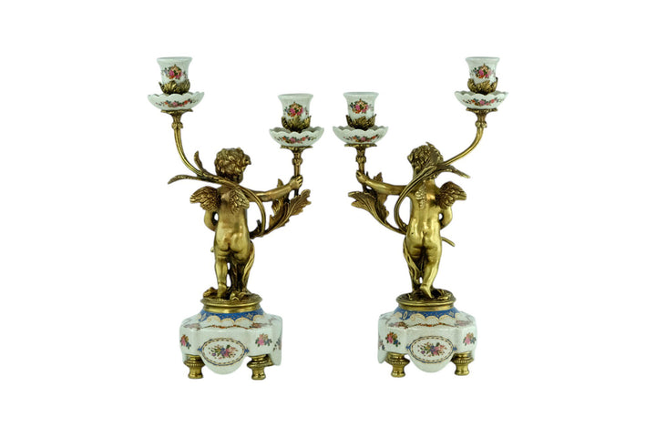 Pair of Candleholders in Porcelain and Bronze with Floral Decoration and Putti in Art Nouveau Style Cherub Candelabras Unique Candleholder