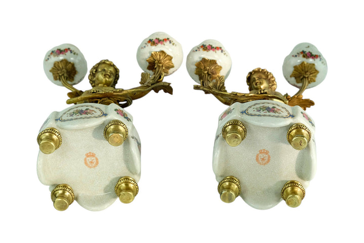 Pair of Candleholders in Porcelain and Bronze with Floral Decoration and Putti in Art Nouveau Style Cherub Candelabras Unique Candleholder