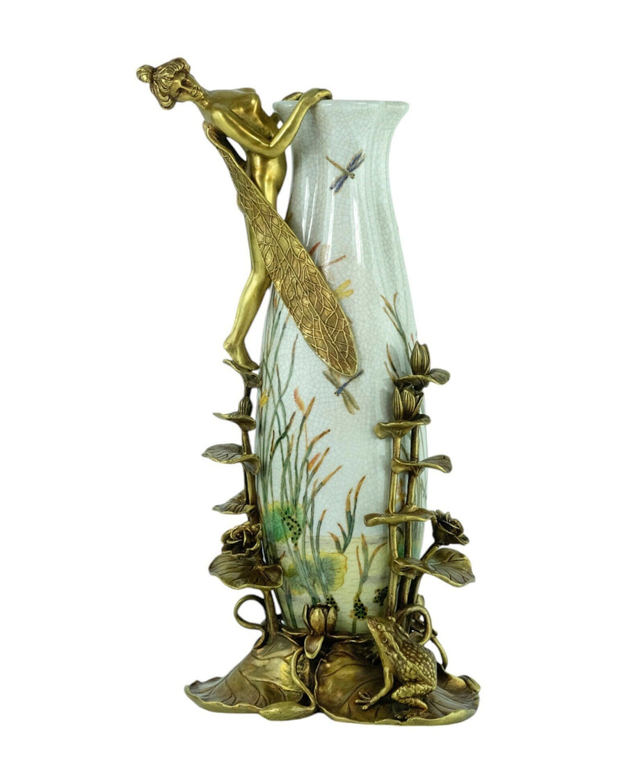 Porcelain Vase with Floral Motifs and Bronze Decoration of a Female and Frogs in Jugendstil Style Decorative Vase Art Vase French Decor