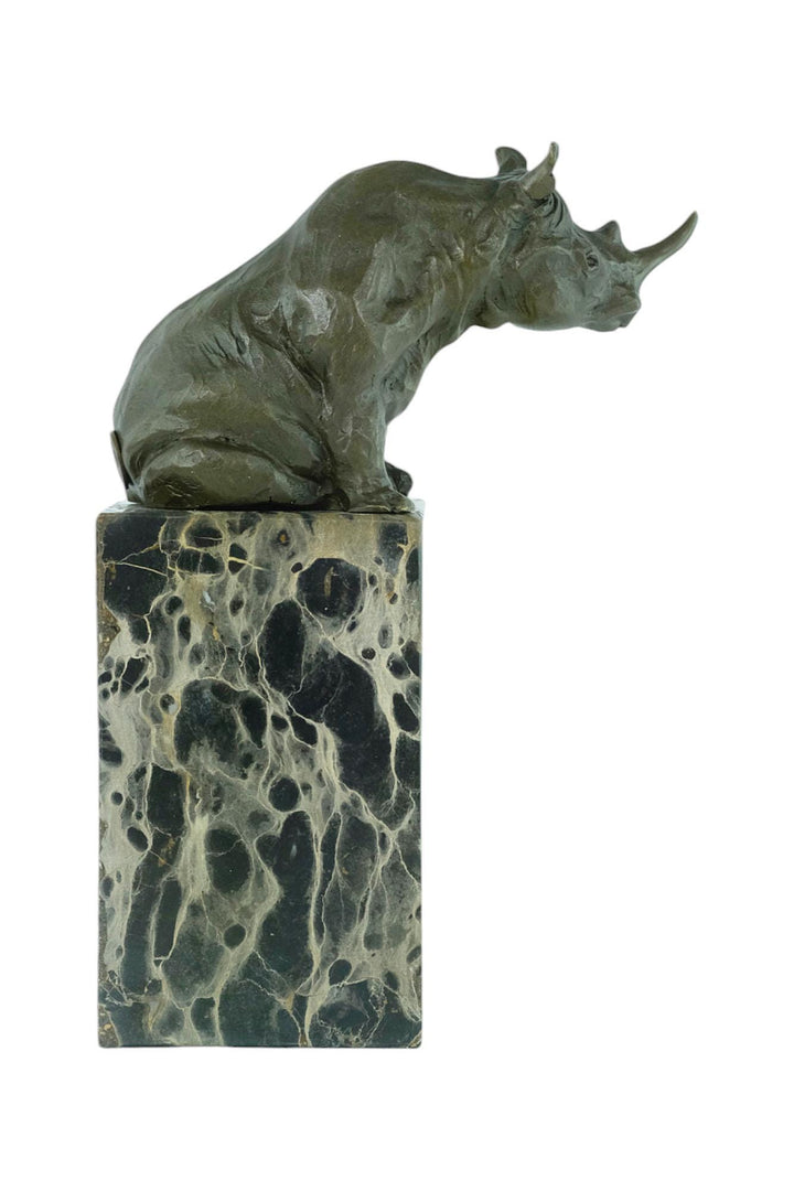 Bronze Sculpture of a Sitting Rhino on Marble Column Animal Art Statue Bronze Wildlife Sculpture Hunting Decoration Rhinoceros Sculpture
