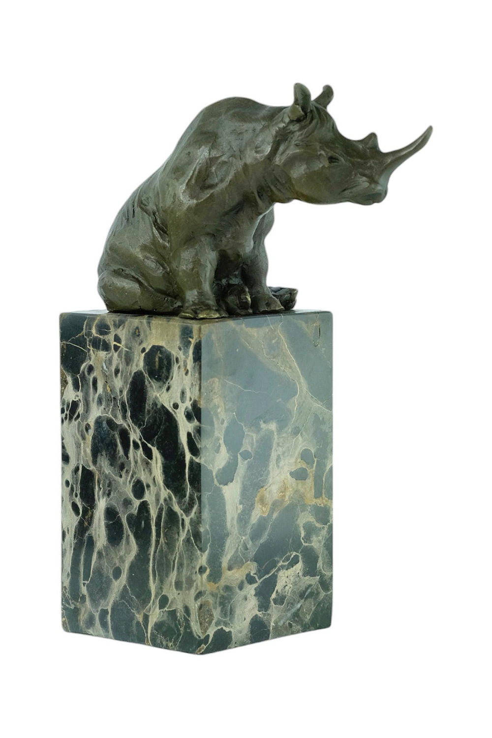 Bronze Sculpture of a Sitting Rhino on Marble Column Animal Art Statue Bronze Wildlife Sculpture Hunting Decoration Rhinoceros Sculpture
