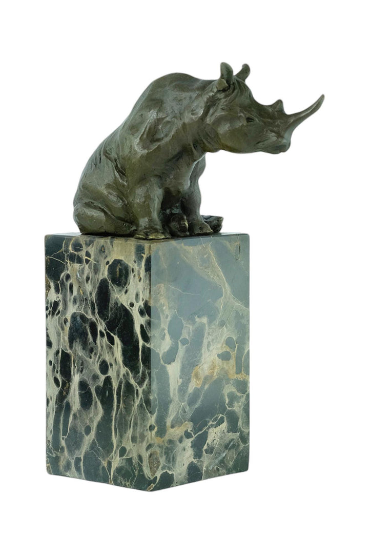 Bronze Sculpture of a Sitting Rhino on Marble Column Animal Art Statue Bronze Wildlife Sculpture Hunting Decoration Rhinoceros Sculpture