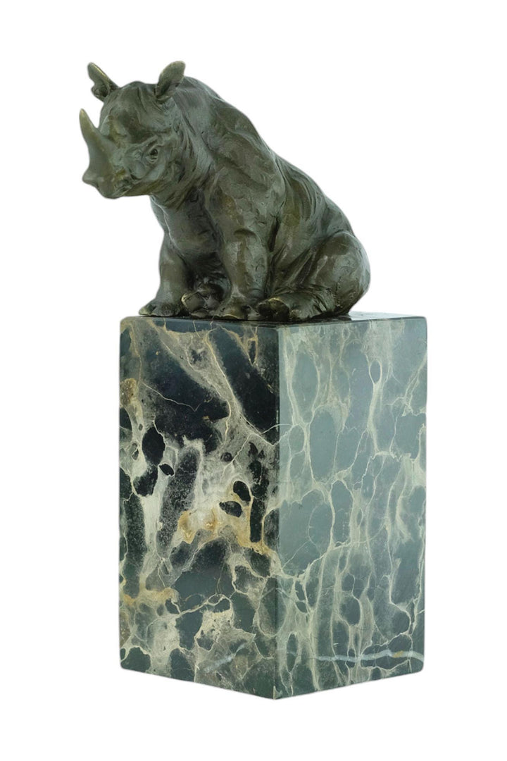 Bronze Sculpture of a Sitting Rhino on Marble Column Animal Art Statue Bronze Wildlife Sculpture Hunting Decoration Rhinoceros Sculpture