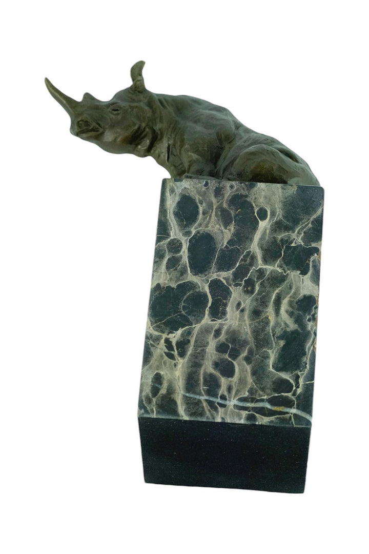 Bronze Sculpture of a Sitting Rhino on Marble Column Animal Art Statue Bronze Wildlife Sculpture Hunting Decoration Rhinoceros Sculpture