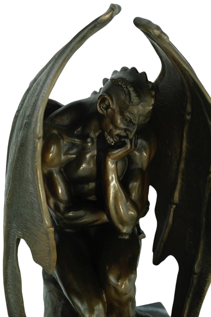 Bronze Sculpture of Pensive Satan on Marble Base Contemporary Art Statue Bronze Satan Sculpture Steampunk Decoration Mythology Sculpture