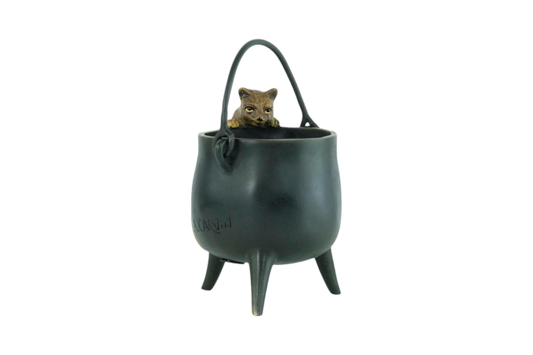 Bronze Sculpture of a Curious Cat Climbing into a Cauldron in Vienna Bronze Style Cat Lovers Gift Bronze Cat Statue Viennese Bronzes Art