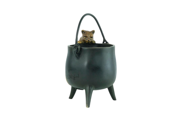 Bronze Sculpture of a Curious Cat Climbing into a Cauldron in Vienna Bronze Style Cat Lovers Gift Bronze Cat Statue Viennese Bronzes Art