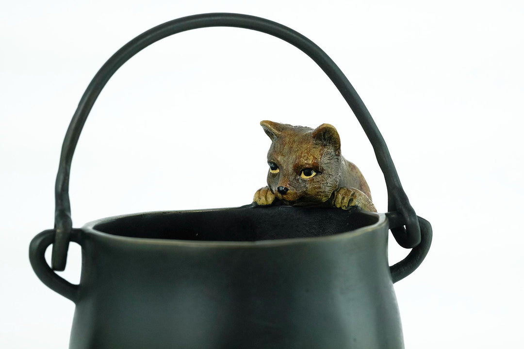 Bronze Sculpture of a Curious Cat Climbing into a Cauldron in Vienna Bronze Style Cat Lovers Gift Bronze Cat Statue Viennese Bronzes Art