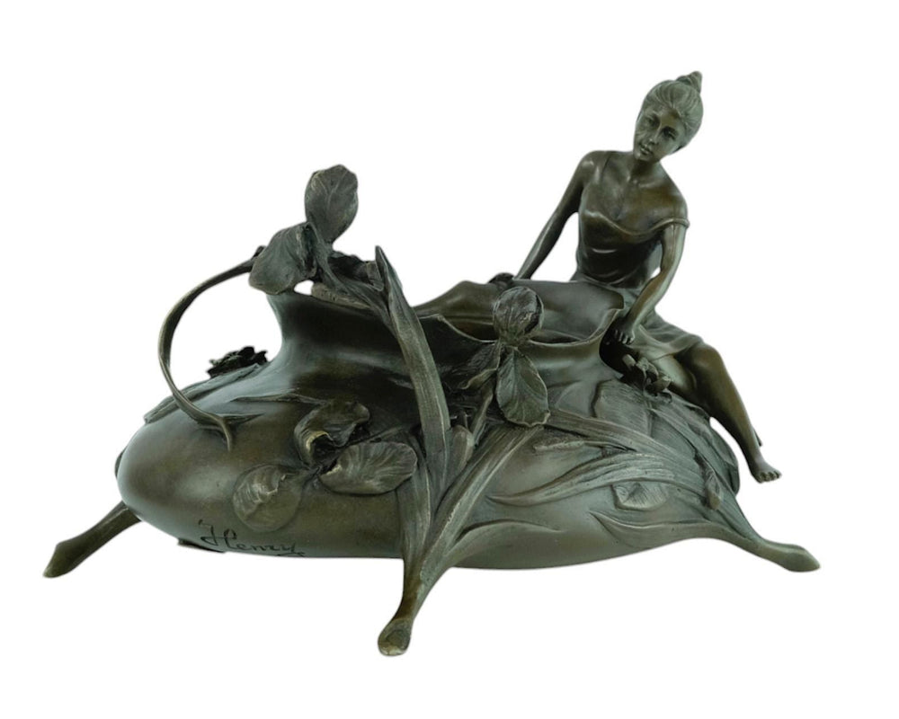 Bronze Planter with Female and Floral Decoration in Art Nouveau Style Bronze Videpoche French Decoration Bronze Planter Jugendstil Style Art