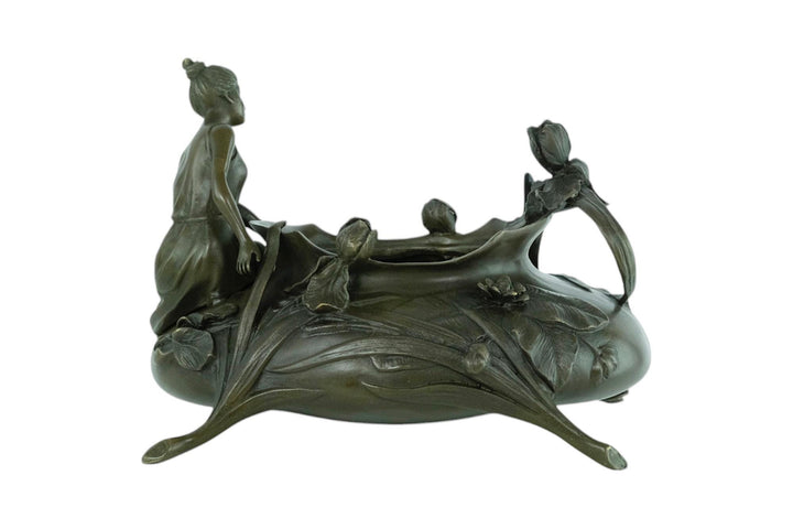 Bronze Planter with Female and Floral Decoration in Art Nouveau Style Bronze Videpoche French Decoration Bronze Planter Jugendstil Style Art